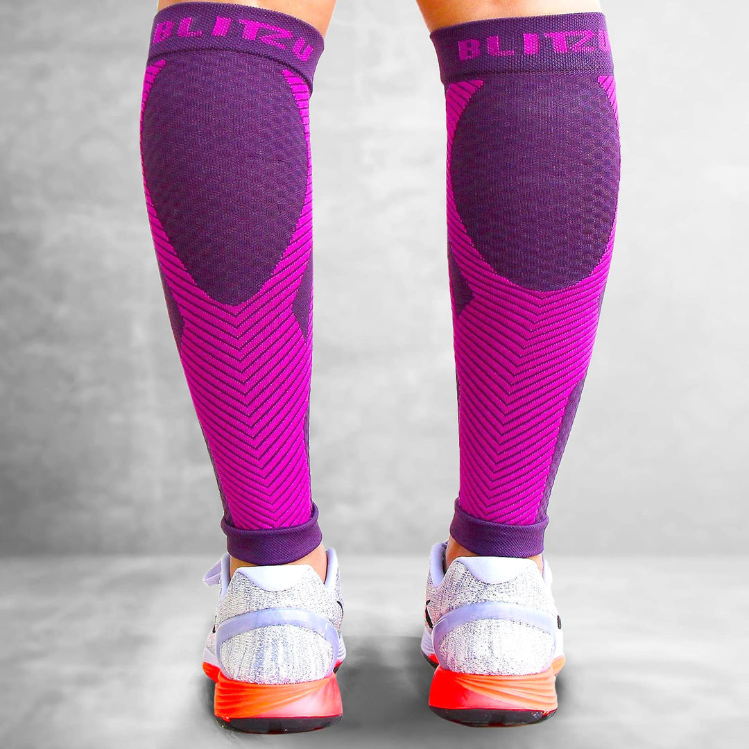 BLITZU Calf Compression Sleeves for Men and Women. Footless Compression Socks Support for Varicose Vein, Nursing, Running. Leg Sleeve Brace for Shin Splints, Pain Relief & Reduces Swelling Purple S-M