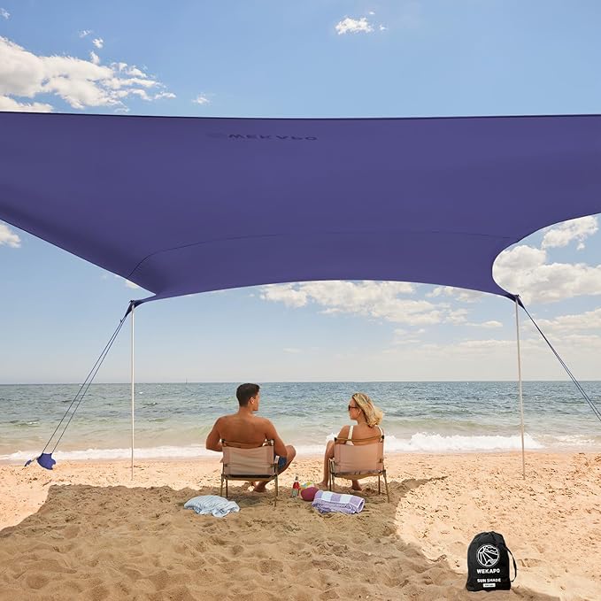 WEKAPO Beach Tent Sun Shelter - Easy Setup Beach Canopy with 4 Sturdy Poles, Large Sandbags and Shovel, 7'1'' Tall, Windproof Sun Shade for Backyard and Camping, UPF 50+ Protection