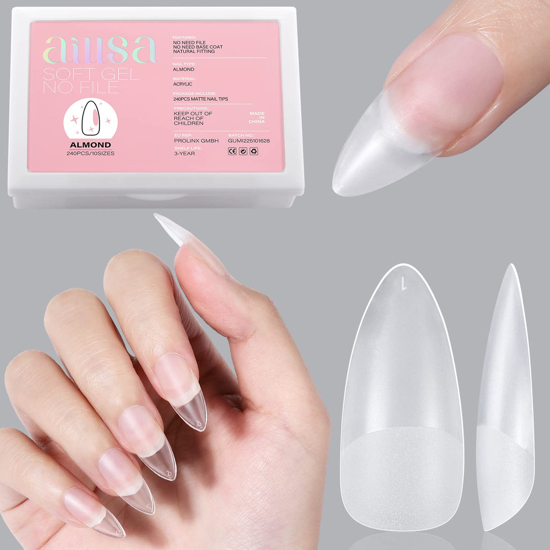Aillsa Almond Full Cover Nail Tips Upgraded Matte Prefiled Soft Gel Nail Tips False Gelly Press On Nail Tips Medium Almond Shape
