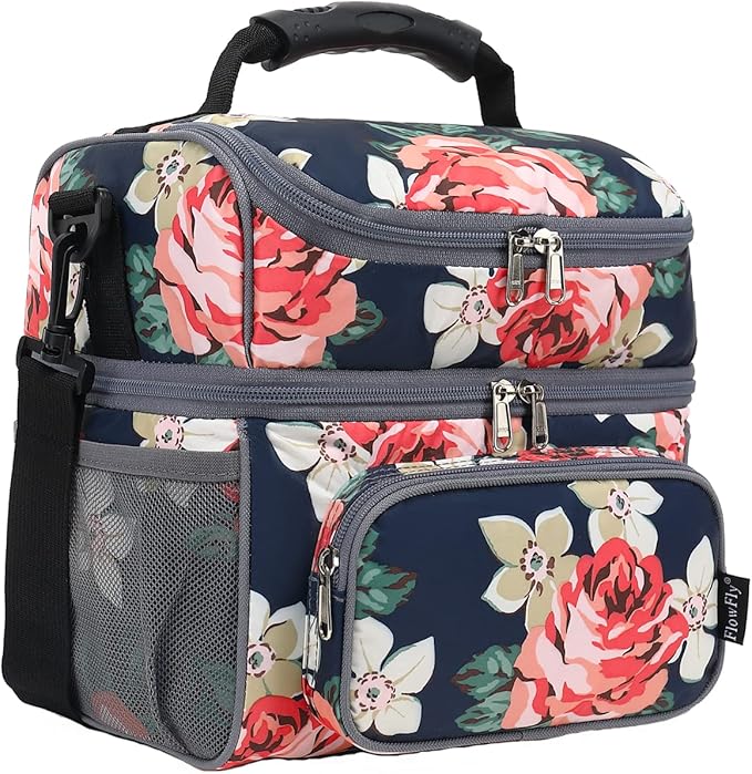 FlowFly Double Layer Cooler Insulated Lunch Bag Adult Lunch Box Large Tote Bag for Men, Women, With Adjustable Strap,Front Pocket and Dual Large Mesh Side Pockets