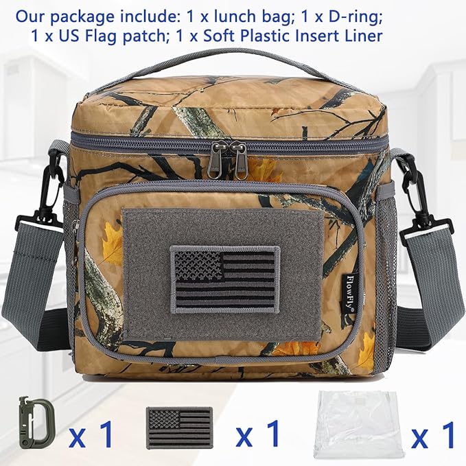 FlowFLy Lunch Bag, Insulated Cooler, Thermal Lunch Box Tote with MOLLE/PALS Webbing, Adjustable Padded Shoulder Strap, for Tactical Men Women Adults and Boys Girls Kids (Maple Leaves Camo, Medium)