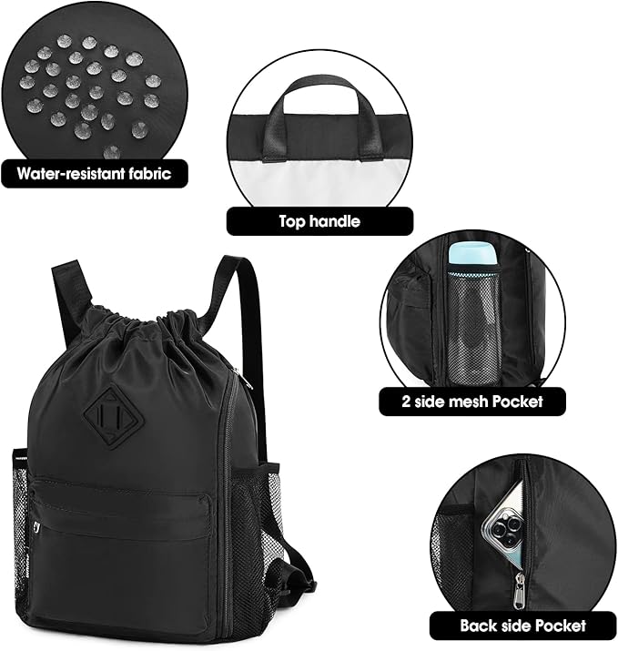 WANDF Drawstring Backpack Sports Gym Bag with Shoes Compartment, Water-Resistant String Backpack Cinch for Women Men (Small,Black)