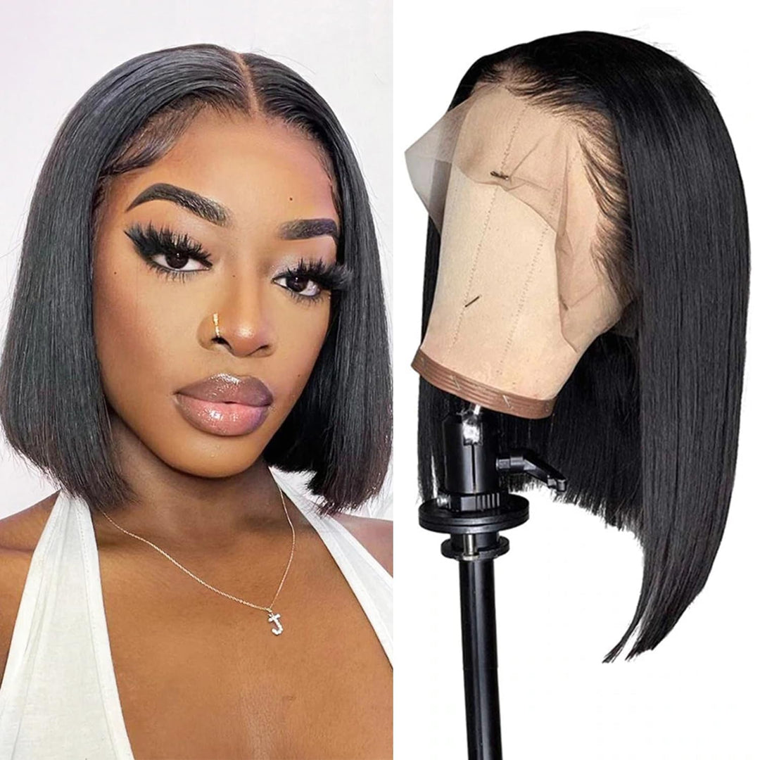 Short Bob Wig Human Hair 180% Density Straight Bob Frontal Wigs 13X4 Lace Frontal Bob Wig Human Hair Glueless Pre Plucked With B