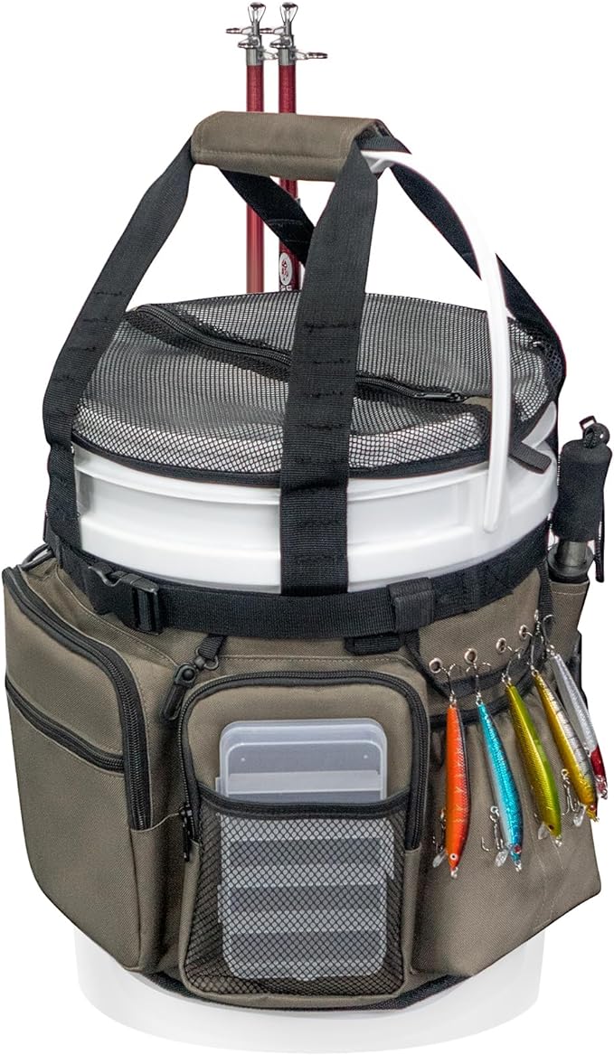 Fishing Bucket Organizer with Bucket Cover, Ice Fishing Tackle Bag with Rod & Plier Holder, Multi-Pockets for 5 Gallon Bucket Fishing Gear & Accessories