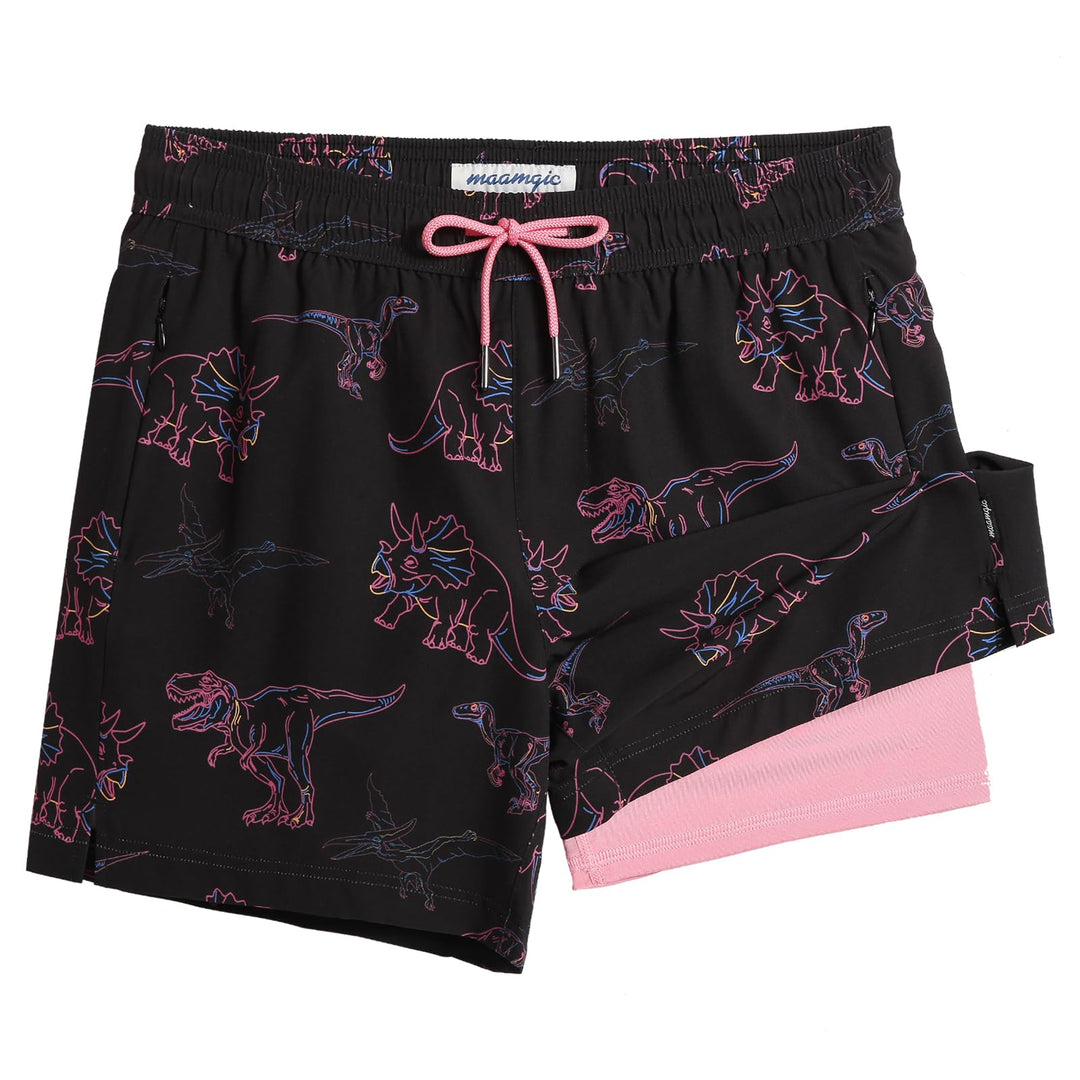 maamgic Mens Swim Trunks with Compression Liner 5" Stretch Athletic Swimming Shorts Quick Dry with Zipper Pockets No-Chafing Board Shorts Black-Pink Dinosaur X-Small