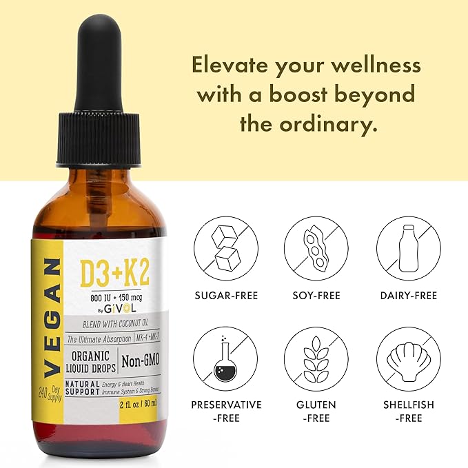 Vitamin D3+K2 Liquid Drops (MK4 & MK7) Organic Fractionated Coconut Oil and Vitamin C Extra Strength Spray Mist: Daily Absorption Liquid Extract, Essential Protein Support, Optimizes Wellness Benefits