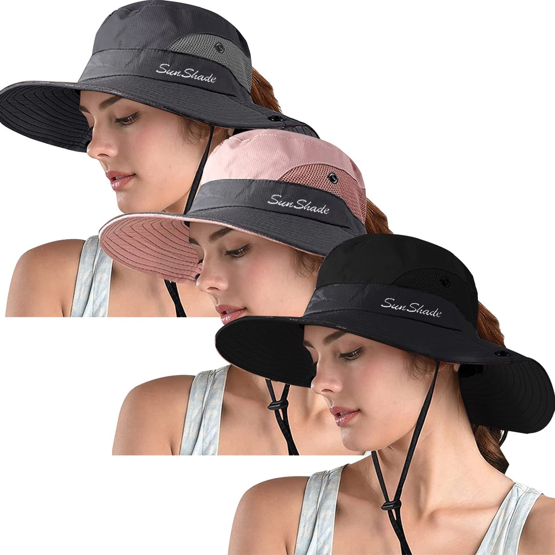 ZOORON 3 Pack Women's Ponytail Safari Sun Hat,Wide Brim UV Protection Outdoor Bucket Hat,Foldable Beach Summer Fishing Hat