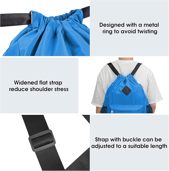WANDF Drawstring Backpack Sports Gym Bag with Shoes Compartment, Water-Resistant String Backpack Cinch for Women Men(Large,Dark blue)