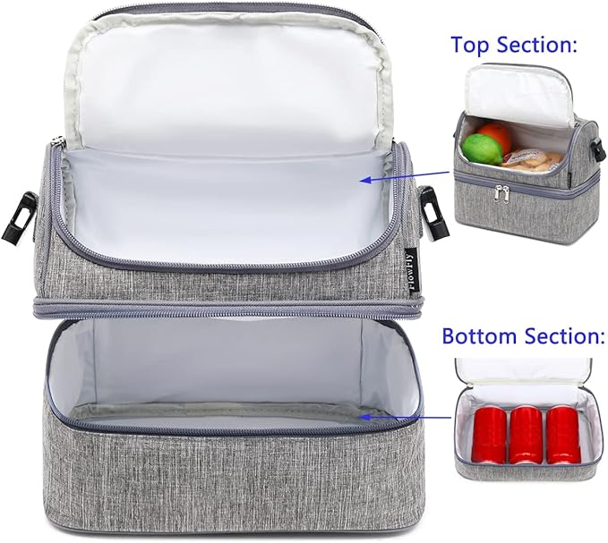 FlowFly Double Decker Cooler Insulated Lunch Bag Large Tote for Boys, Girls, Men, Women, With Adjustable Strap (Grey)
