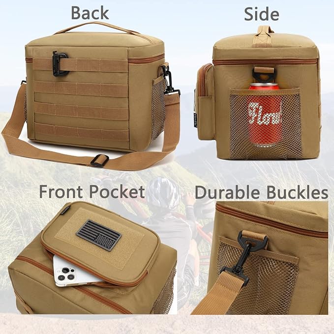 FlowFly Lunch Bag, Insulated Cooler, Thermal Lunch Box Tote with MOLLE/PALS Webbing, Adjustable Padded Shoulder Strap, for Tactical Men Women Adults and Boys Girls Kids (Brown, Large)