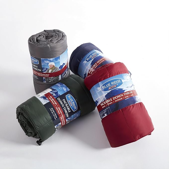 Blue Ridge Home Fashions Down Throw Camping Blanket - Packable Lightweight Down Throw Blanket for Outdoor Travel Hiking Picnic RV, Puffy Warm Blanket 60" x 70" with Carry Bag, 650 Fill Power