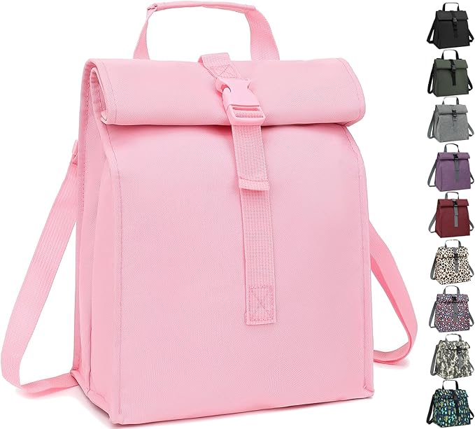 Insulated Lunch Bag for Men/Women/Kids, Roll top Reusable Lunch Box with Adjustable Shoulder Strap, Thermal Lunch Cooler Tote Container for Adults/Teens School Work Office Picnic,Pink