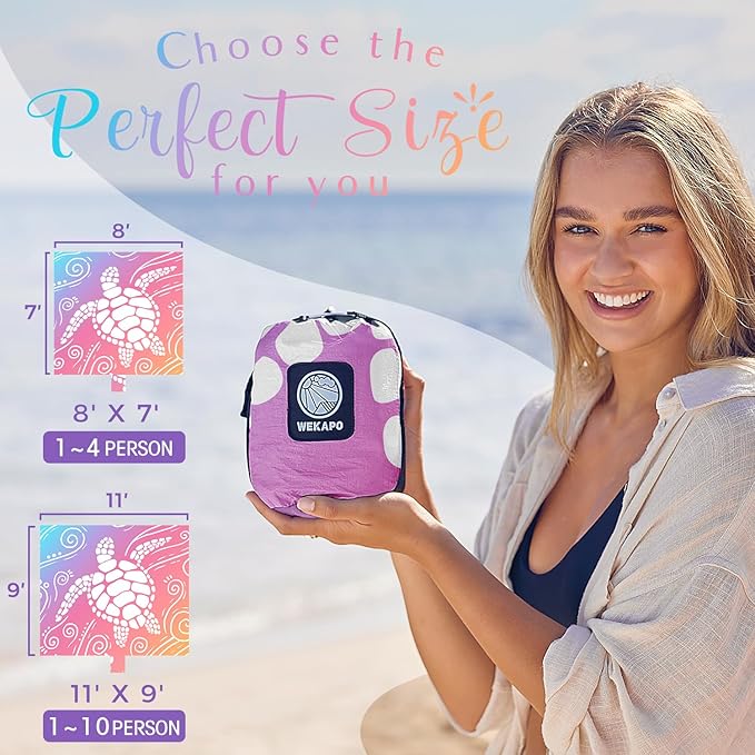 WEKAPO Beach Blanket Waterproof Sandproof Oversized Extra Large Sand Free Beach Mat with Stakes, Storage Bag - Essentials for Outdoor Beach, Picnic (Pinkish Purple Sea Turtle, 11 X 9 FT (1~10 Person))