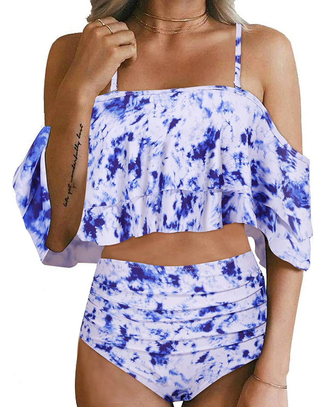 Tempt Me Women Tie Dye Two Piece High Waisted Bikini Set Swimsuit Tummy Control Bottoms Ruffle Off Shoulder Bathing Suits S