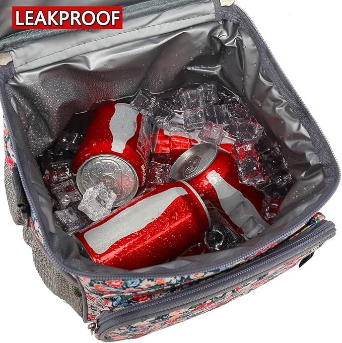 FlowFly Insulated Reusable Lunch Bag Adult Large Lunch Box for Women and Men with Adjustable Shoulder Strap,Front Zipper Pocket and Dual Large Mesh Side Pockets,Floral