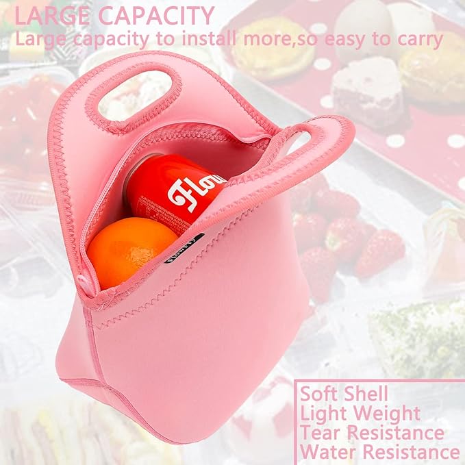 FlowFly Neoprene Kids Lunch box Insulated Soft Bag Mini Cooler Thermal Meal Tote Kit for Boys, Girls,Men,Women,School,Work, Office, Pink