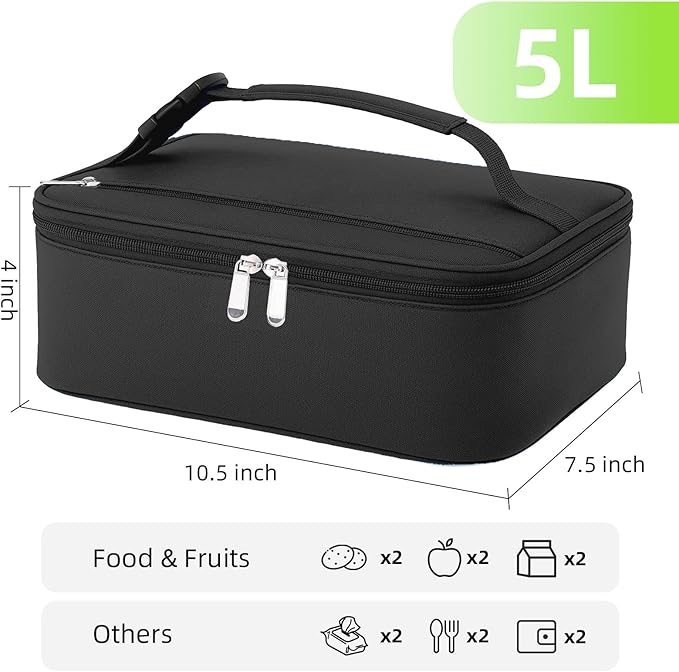 Small Lunch Box Insulated Lunch Bag for Women Men, Bento Kids Lunch Box, Compact Portable Thermal Meal Cooler Bags with Buckle Handle for Work & School, Black 5L