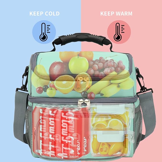 FlowFly Double Layer Cooler Insulated Lunch Bag Adult Lunch Box Large Tote Bag for Men, Women, With Adjustable Strap,Front Pocket and Dual Large Mesh Side Pockets