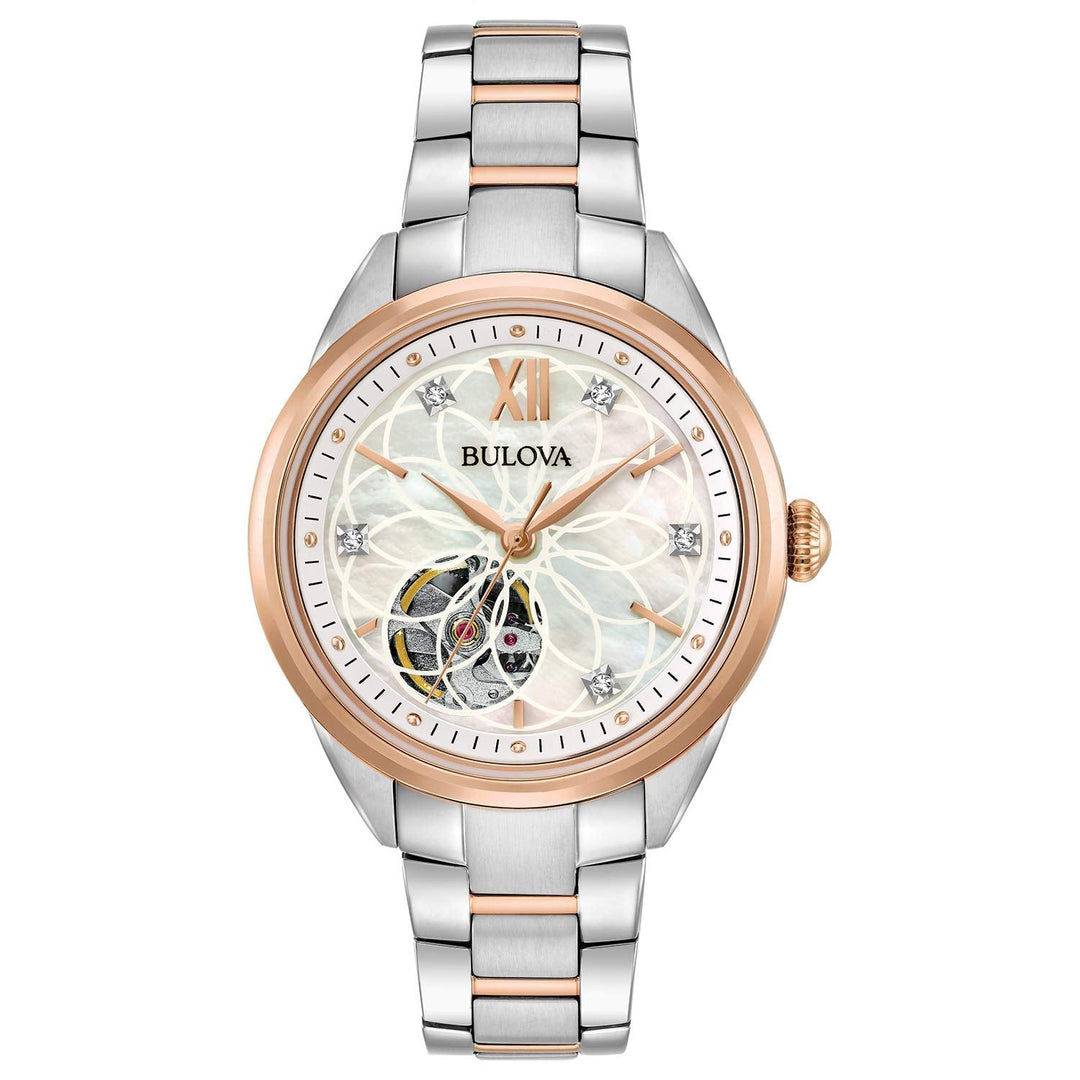 Bulova Ladies' Sutton Two-Tone Rose Gold 3-Hand Automatic, Open Aperture And White Mother-Of-Pearl Dial With Diamonds Style: 98P