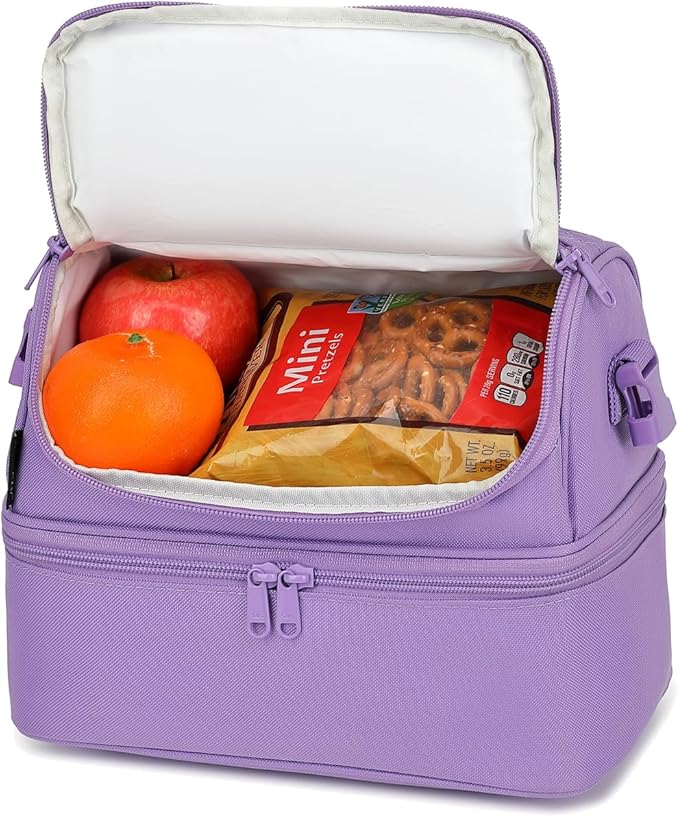FlowFly Double Decker Cooler Insulated Lunch Bag Large Tote for Boys, Girls, Men, Women, with Adjustable Strap,Purple