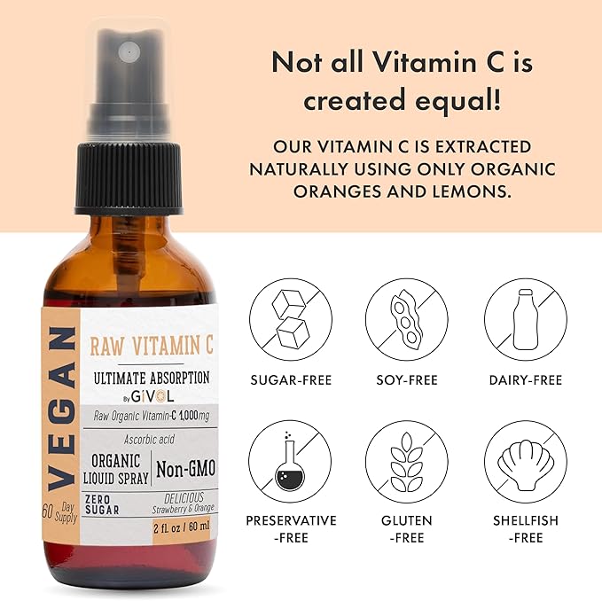 Vitamin C Extra Strength Spray: Daily Absorption Liquid Extract with Lemon, Orange, Strawberry, Rich in Ascorbic Acid, 2oz (60ml) 60 Day Supply
