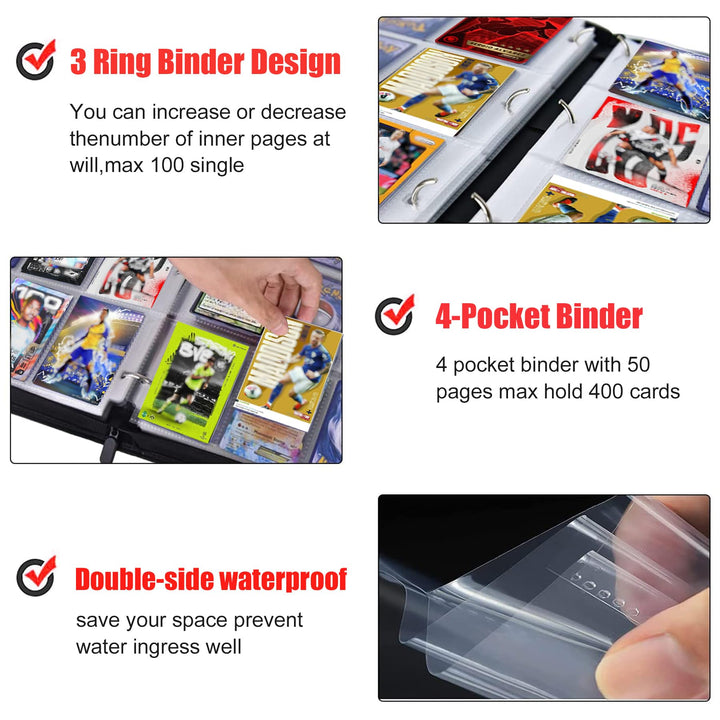 400 Pockets Soccer Card Binder,Gifts for Soccer Trading Cards Collectors,Portable Waterproof Card Storage Bag with Removable Sleeves,Compatible with Soccer,Football,Sports Game and TCG Cards