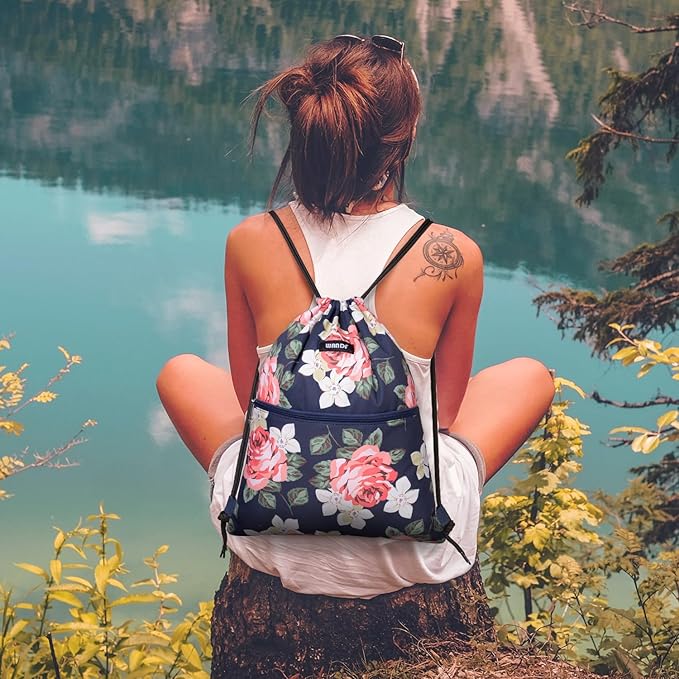 WANDF Drawstring Backpack String Bag Sackpack Cinch Water Resistant Nylon for Gym Shopping Sport Yoga (Peony)