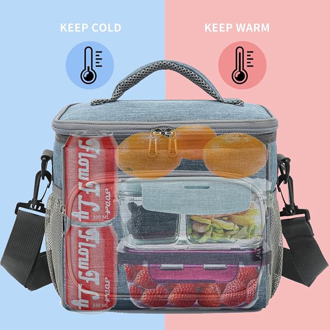 FlowFly Insulated Reusable Lunch Bag Adult Large Lunch Box for Women and Men with Adjustable Shoulder Strap,Front Zipper Pocket and Dual Large Mesh Side Pockets,Navy