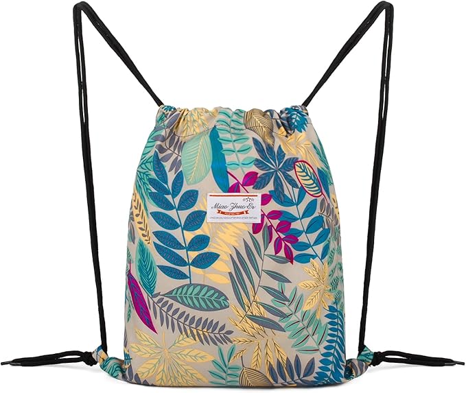 WANDF Drawstring Backpack String Bag Sackpack Cinch Water Resistant Nylon for Gym Shopping Sport Yoga (Grey Leaf)