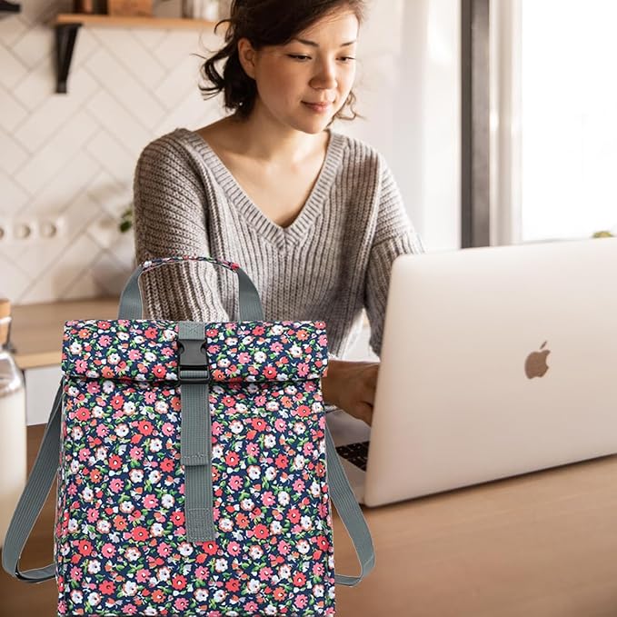 Insulated Lunch Bag for Men/Women/Kids, Roll top Reusable Lunch Box with Adjustable Shoulder Strap, Thermal Lunch Cooler Tote Container for Adults/Teens School Work Office Picnic,Floral