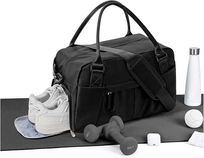 Small Black Gym Duffle Bag for Women Men with Shoe Compartment, Mini Cute Weekender Handbag Carry on Travel Bag for Airplane, Water Resistant Sports Yoga Tote Bag with Dry Wet Separated Pocket.
