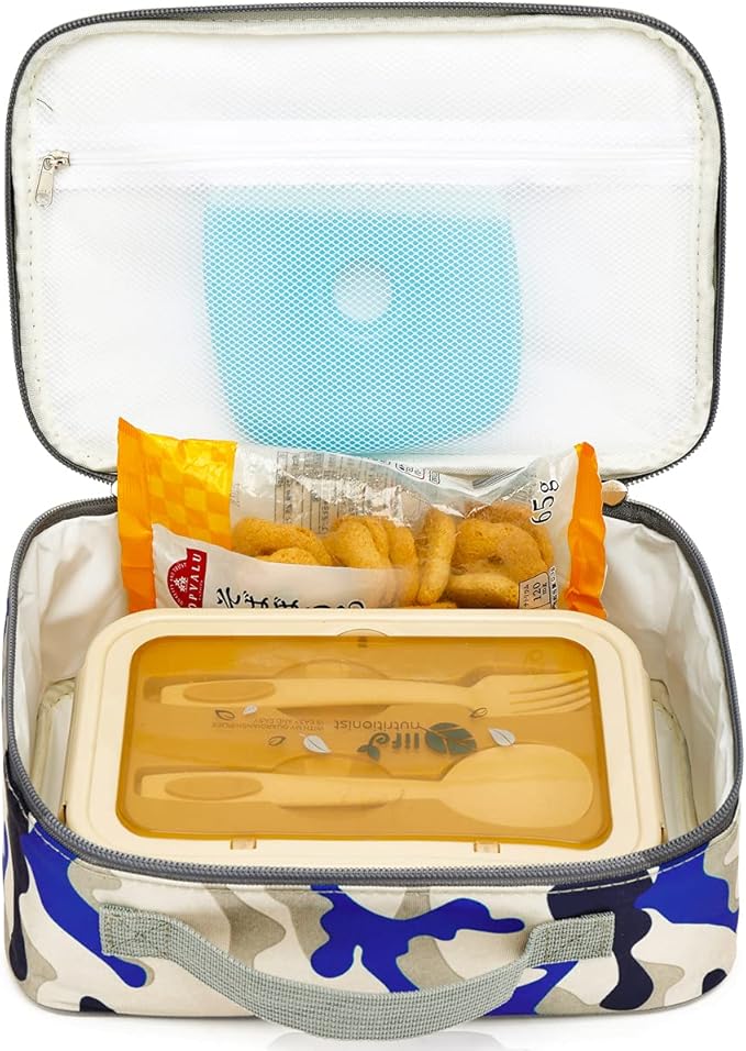 FlowFly Kids Lunch box Insulated Soft Bag Mini Cooler Back to School Thermal Meal Tote Kit for Girls, Boys,Blue Camo