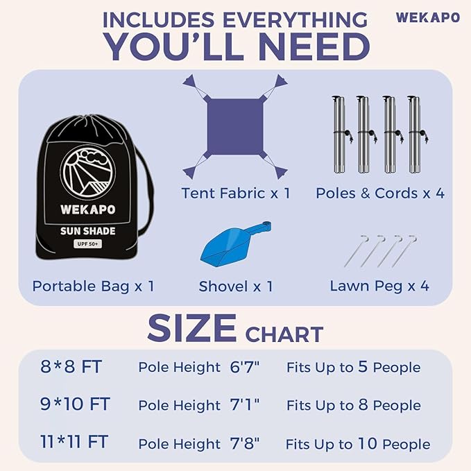 WEKAPO Beach Tent Sun Shelter - Easy Setup Beach Canopy with 4 Sturdy Poles, Large Sandbags and Shovel, 6'7'' Tall, Windproof Sun Shade for Backyard and Camping, UPF 50+ Protectio