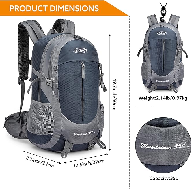 G4Free 35L Hiking Backpack Water Resistant Outdoor Sports Travel Daypack Lightweight with Rain Cover for Women Men (Navy Blue)