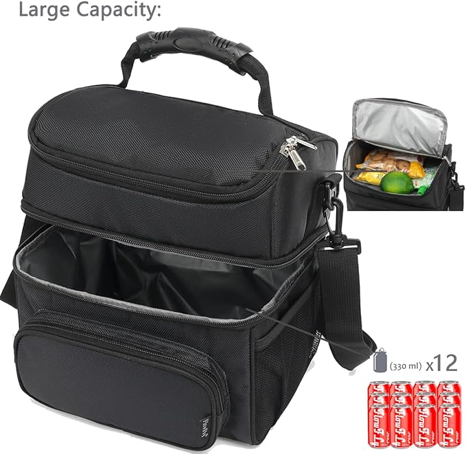 FlowFly Double Layer Cooler Insulated Lunch Bag Adult Lunch Box Large Tote Bag for Men, Women, With Adjustable Strap,Front Pocket and Dual Large Mesh Side Pockets