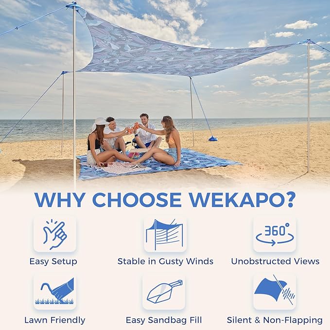 WEKAPO Beach Tent Sun Shelter - Easy Setup Beach Canopy with 4 Sturdy Poles, Large Sandbags and Shovel, 7'1'' Tall, Windproof Sun Shade for Backyard and Camping, UPF 50+ Protection