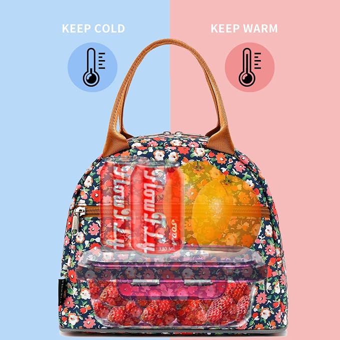 FlowFly Insulated Lunch Bag for Women, Men, and Kids, Large and Reusable, Handle, Freezable Work and School Travel Tote and Meal Prep Organizer, Waterproof Polyester,Floral