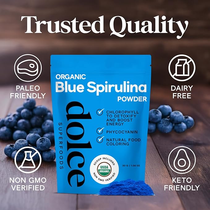 Blue Spirulina Organic Powder – Premium Non-GMO Blue Algae for Smoothies, Drinks, and Recipes – Antioxidants, Energy, and Skin Benefits – 1.06oz