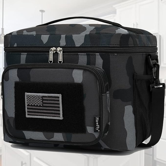 FlowFly Lunch Bag, Insulated Cooler, Thermal Lunch Box Tote with MOLLE/PALS Webbing, Adjustable Padded Shoulder Strap, for Tactical Men Women Adults and Boys Girls Kids (Black#Camo, Large)