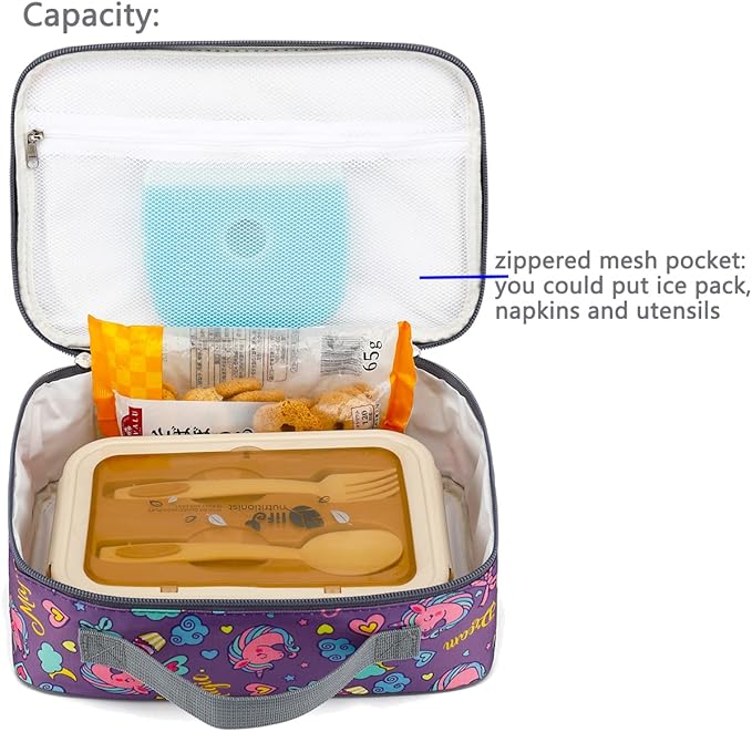 FlowFly Kids Lunch box Insulated Soft Bag Mini Cooler Back to School Thermal Meal Tote Kit for Girls, Boys, Purple Unicorn