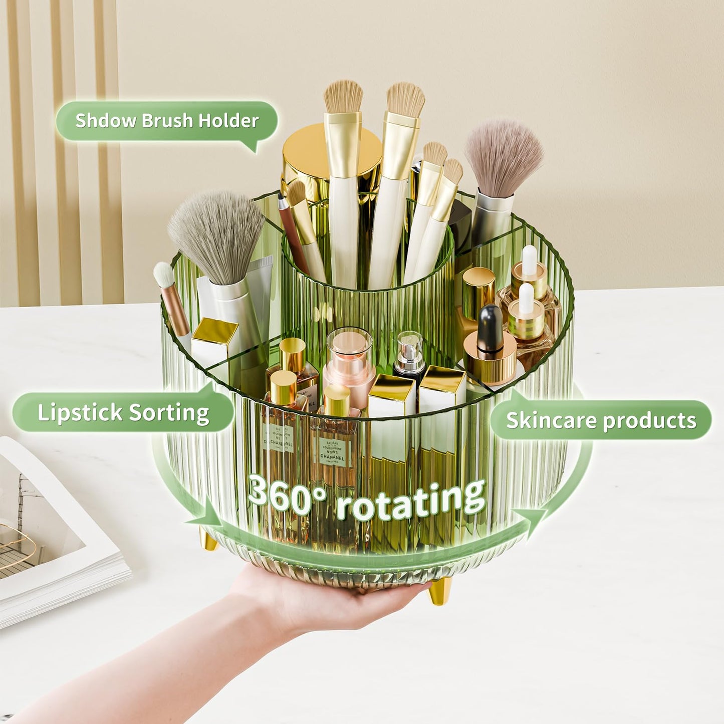 360° Rotate Makeup Brush Holder Organizer, Makeup Organizers Countertop, Makeup organization and Skincare Storage for Vanity, Desktop, Bathroom (Clear Green)