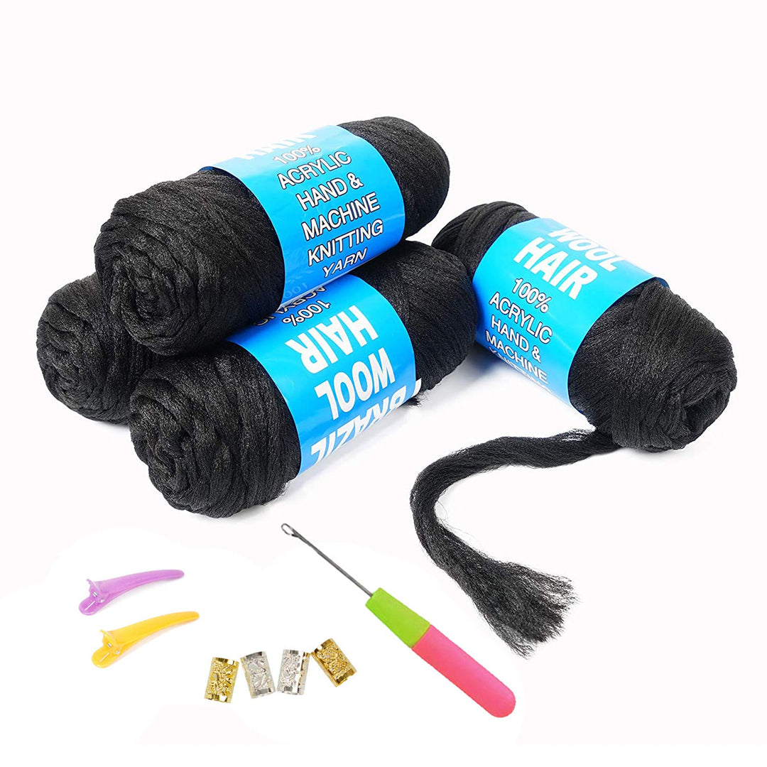 100% Brazilian Wool Hair Acrylic Yarn For African Braids/Senegalese Twist/Faux Locs/Wraps With Crochet Hook(4 Roll, Natural Blac