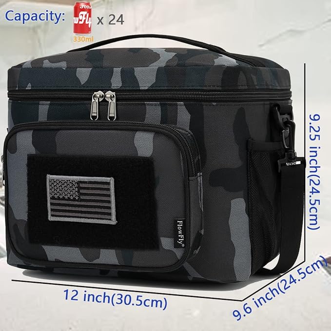 FlowFly Lunch Bag, Insulated Cooler, Thermal Lunch Box Tote with MOLLE/PALS Webbing, Adjustable Padded Shoulder Strap, for Tactical Men Women Adults and Boys Girls Kids (Black#Camo, Large)