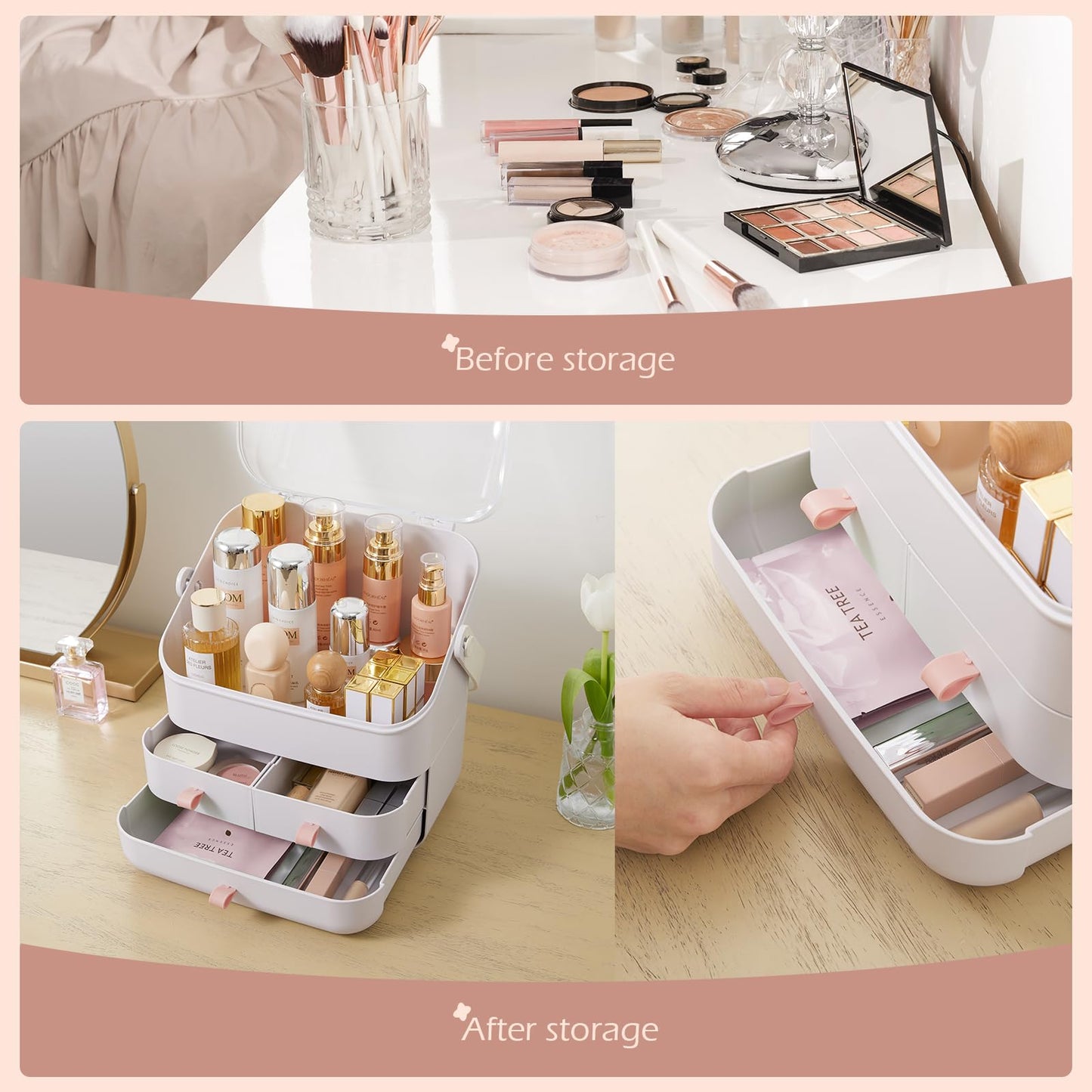 3-Layer Desktop Cosmetic Storage Box Make Up Organiser Transparent Separation Dressing Table Makeup Organiser Portable Beauty Makeup Case 35.5 * 28 * 18CM