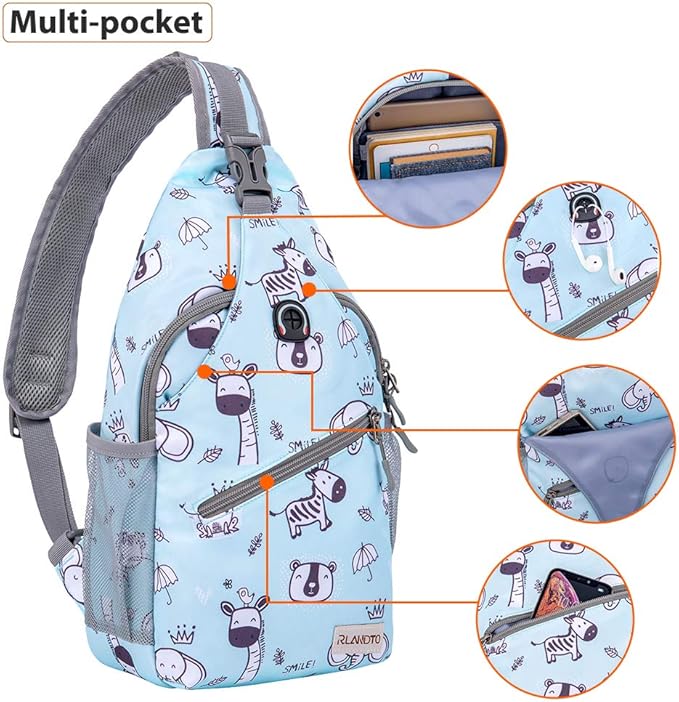 ZOMAKE Sling Bag for Women Men, Small Crossbody Sling Backpack, Mini Water Resistant Shoulder Daypack for Travel, Anti Thief Chest Bag for Hiking, Sports(Zoo Blue)