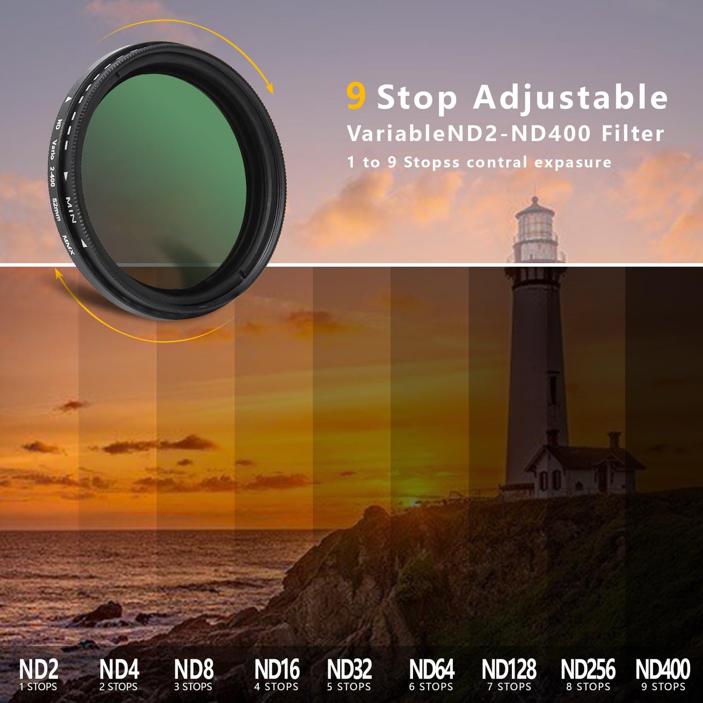 52MM Variable ND2-ND400 Filter, Ultra Slim Multi-Coated Adjustable Neutral Density Filter, Clip-on Phone Lens ND Filter Kit, Compatible for iPhone 15 14 13 12 11, Google Pixel and Other Smart Phones