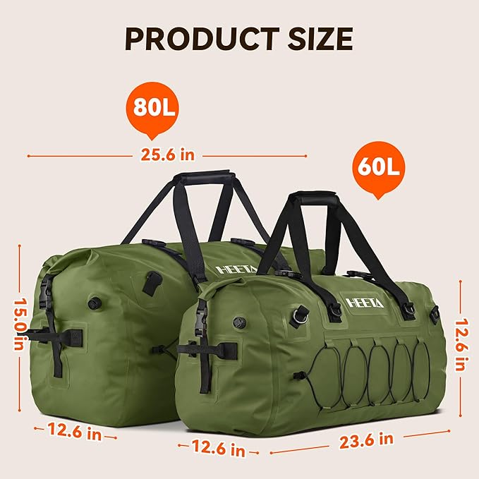 HEETA Waterproof Duffel Bag Motorcycle Dry Bag Backpack, Extra Large Rolltop Travel Duffle Bags with Straps & Handles for Kayaking Rafting Boating Canoeing Camping Gym Beach (Green, 60L)