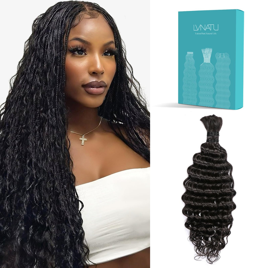 Lvnatu Human Braiding Hair for Boho Knotless Braids for Daughter/Friend Wet and Wavy Bulk Deep Wave 2 Bundles 100g 28 Inch Natural Black - Easy to Use for Home, Salon and Beginners