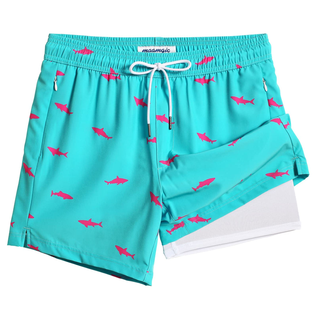 maamgic Mens Swim Trunks with Compression Liner 5" Stretch Beach Shorts Quick Dry with Zipper Pockets No-Chafing Board Shorts SkyBlue-Pink Shark XS