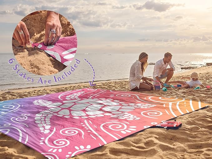 WEKAPO Beach Blanket Waterproof Sandproof Oversized Extra Large Sand Free Beach Mat with Stakes, Storage Bag - Essentials for Outdoor Beach, Picnic (Pinkish Purple Sea Turtle, 8 X 7 FT (1~4 Person))